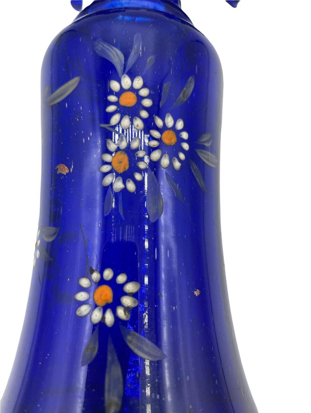 Vintage Cobalt Blue Glass Vase: Hand-Painted Flowers, Ruffle Rim - Picture 4 of 9